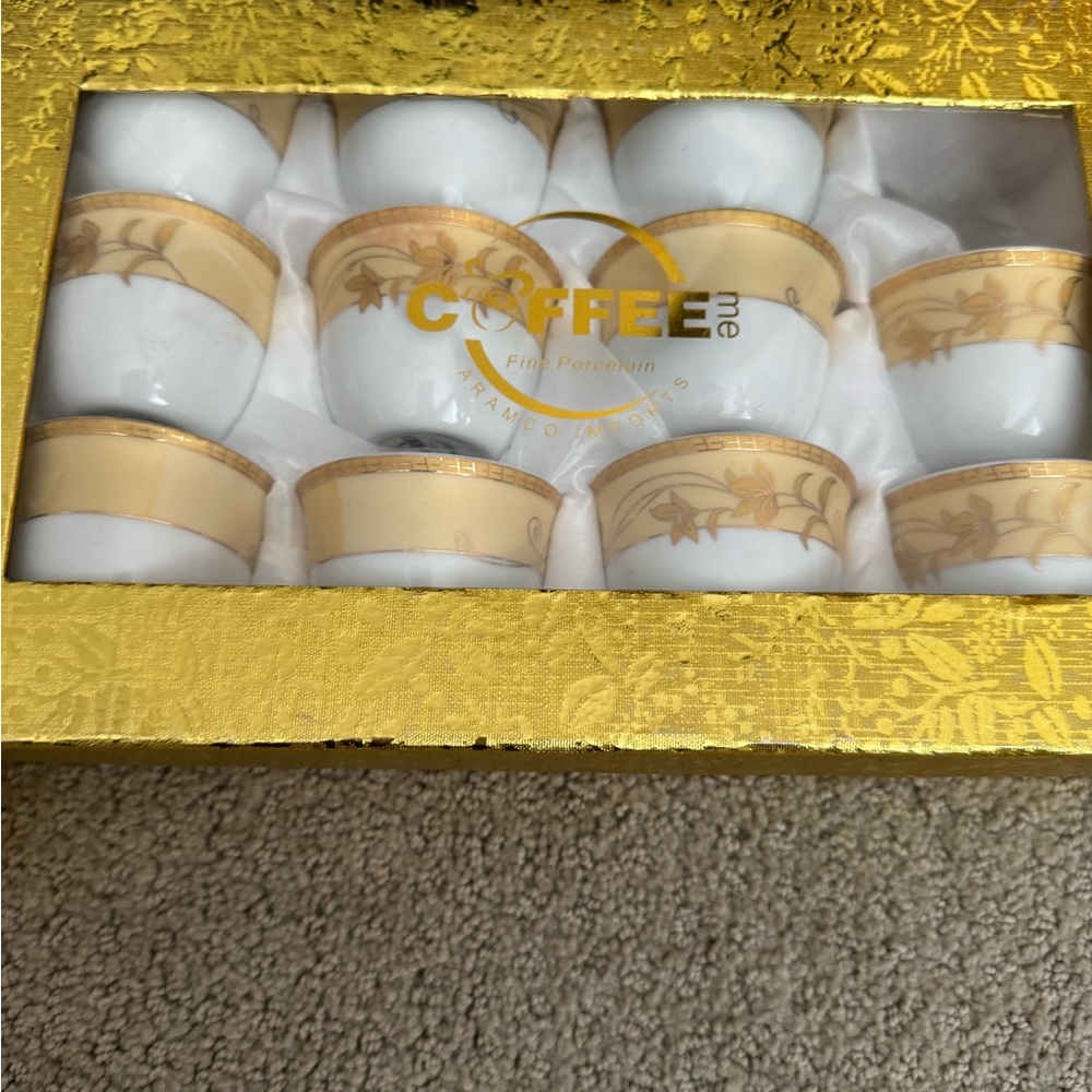 Turkish Coffee Cups Set – 23 Pieces Fine Porcelain “Coffee Me” Gold Gift Boxes - Picture 3 of 7